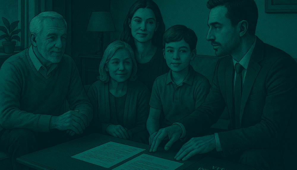 Família reunida em um ambiente acolhedor, com documentos e uma assessora financeira explicando como o seguro de vida protege o patrimônio e facilita o planejamento sucessório.